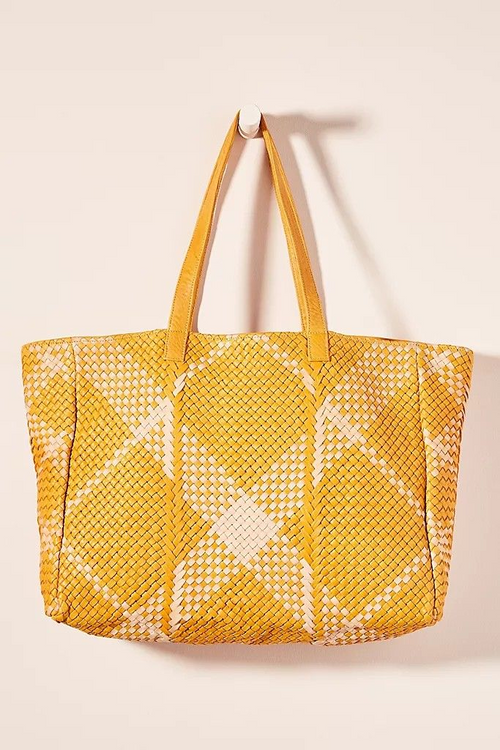 Yellow and cream leather bag hand woven short straps large bag