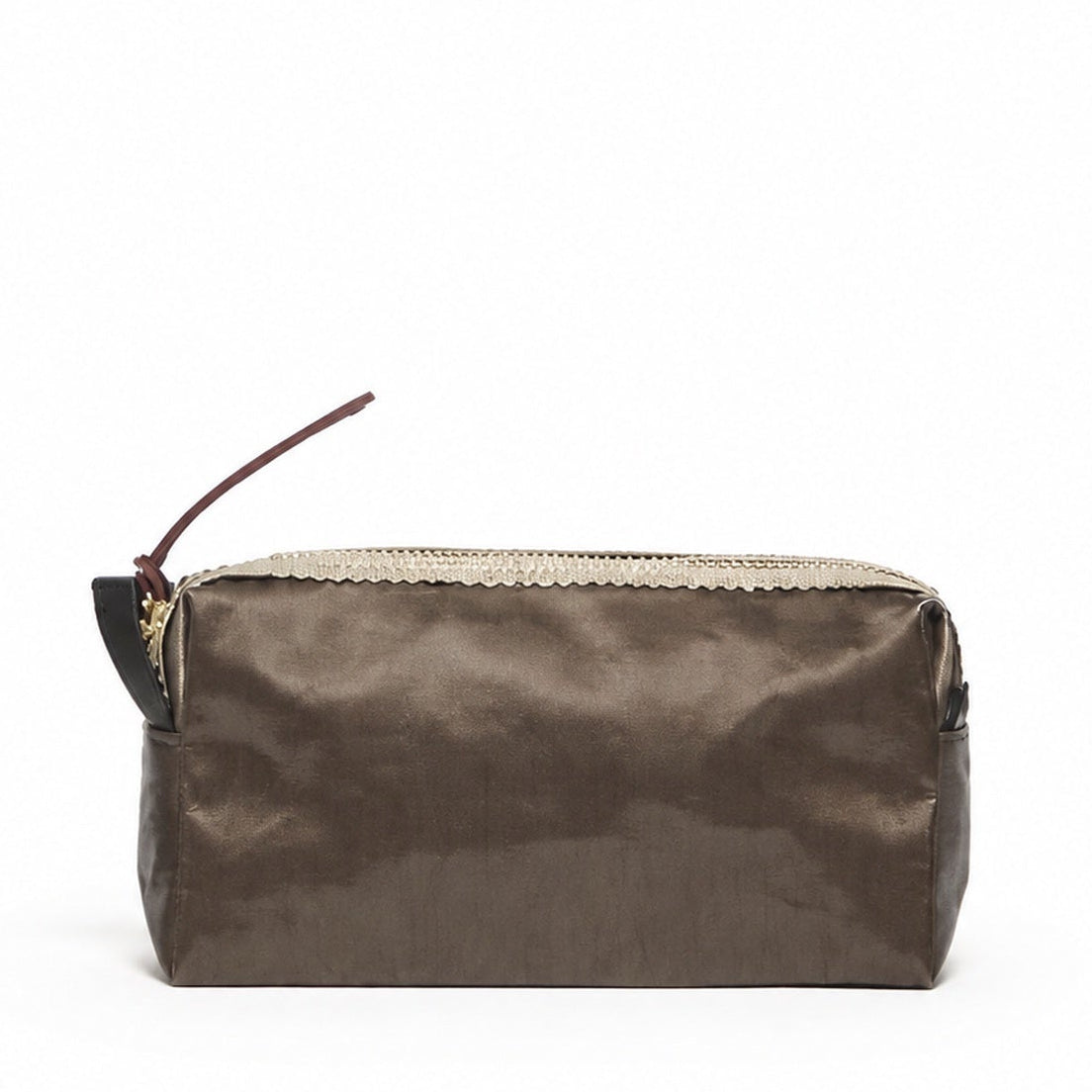 A brown satin cosmetic pouch with a gold zipper and a brown leather zipper pull, shown on a plain white background.