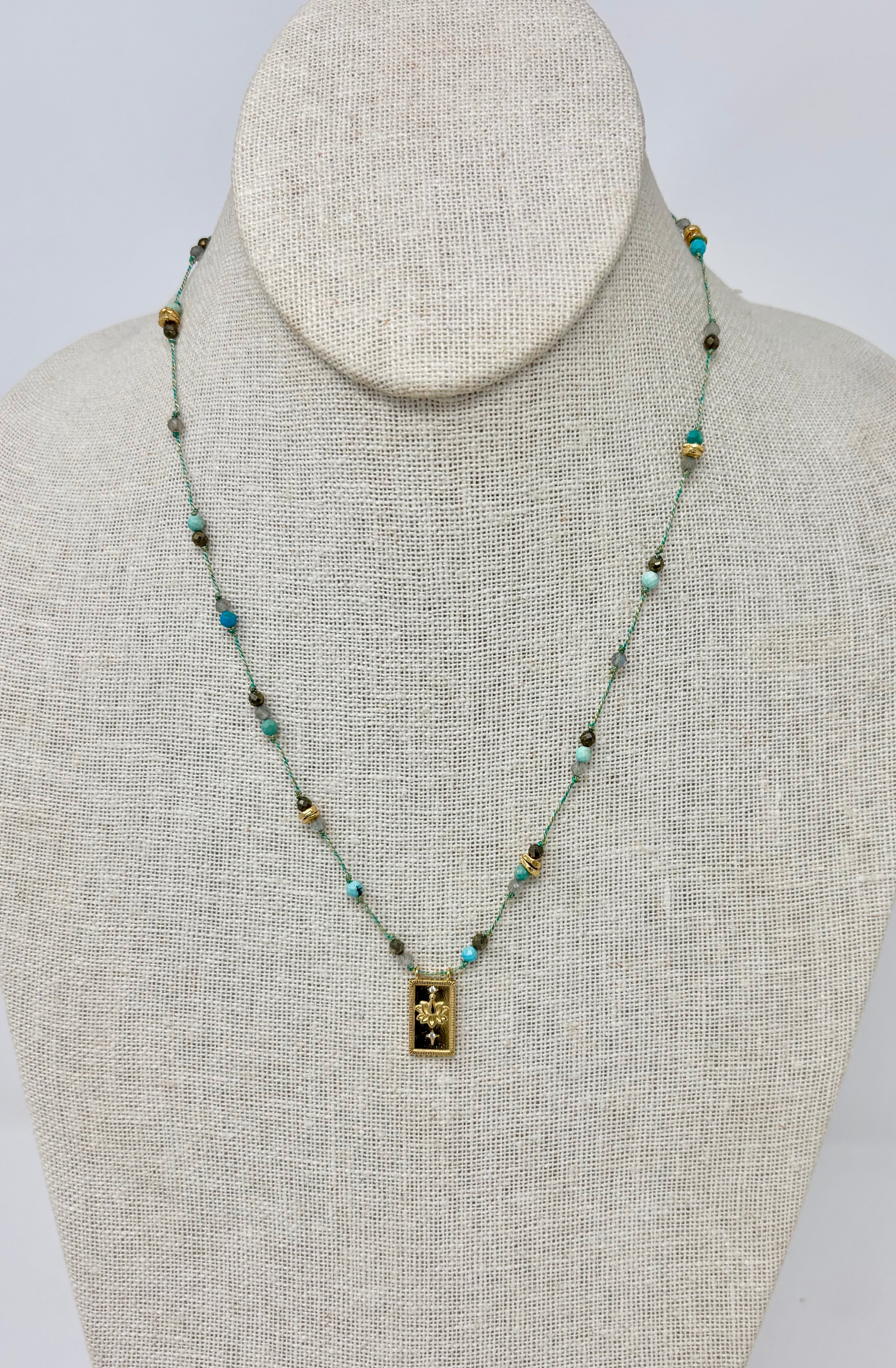 Baby Ubud Lotus Pyrite Turquoise Cord Necklace