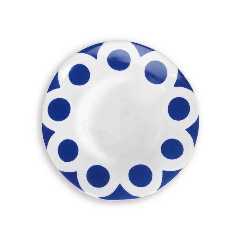 Blue and white kashgar plate, on white background. Blue spots on plate.