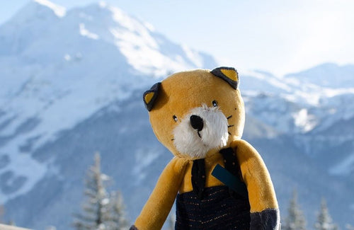 Soft toy sitting agains mountain background