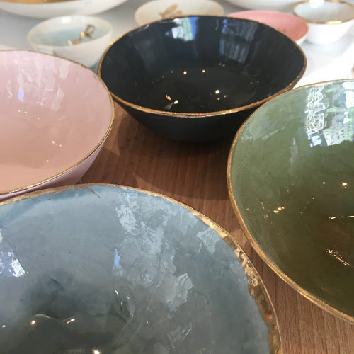 Ceramic bowls set of four earthtones and gold rim designer tableware