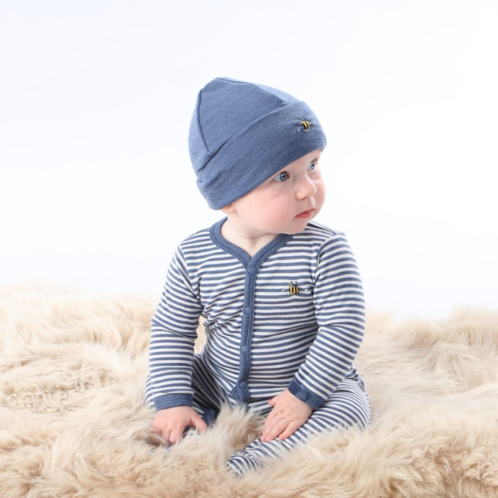 Designer babywear stripped top and leggings blue and white, baby hat blue