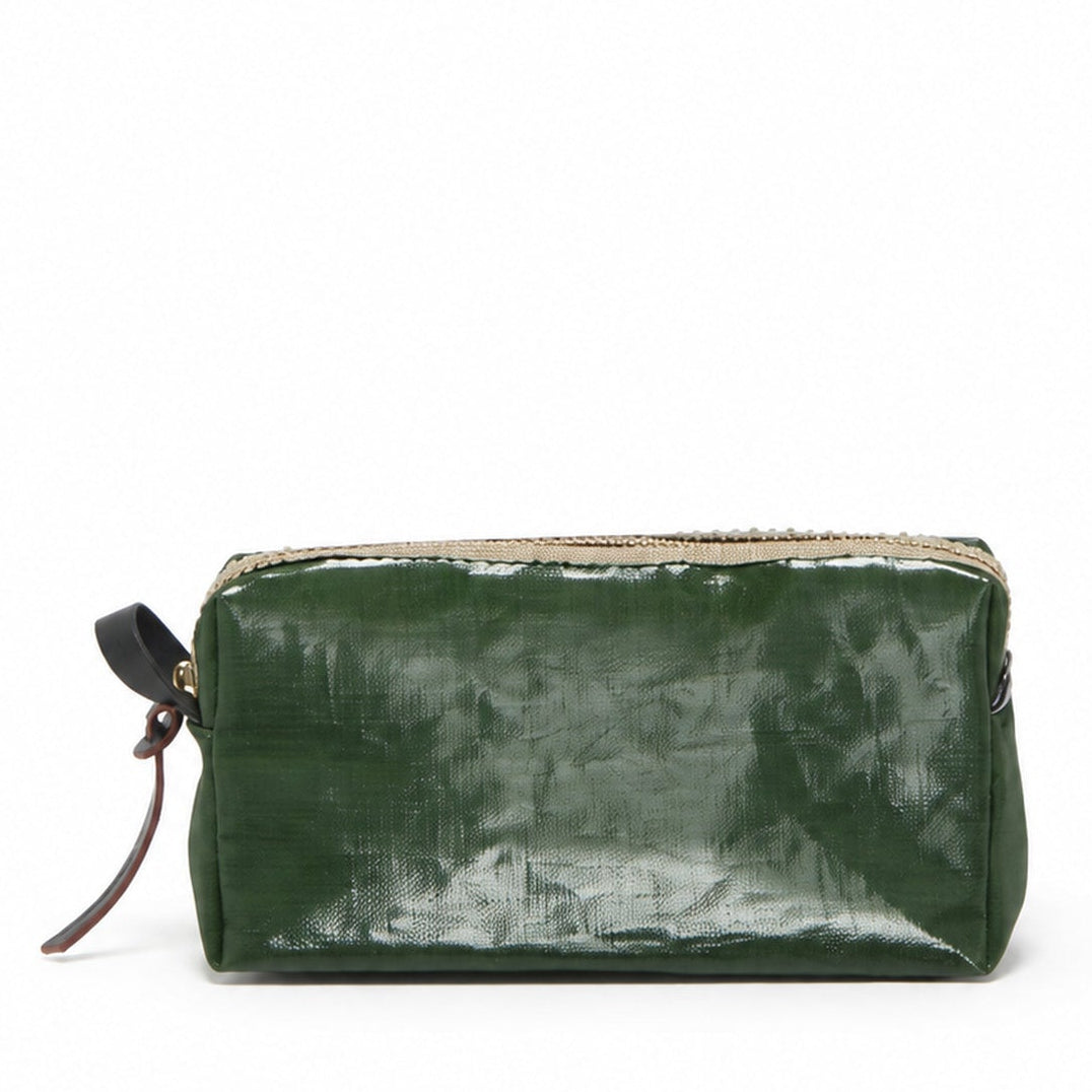A dark green glossy zippered pouch with a brown leather pull tab, shown against a plain white background.