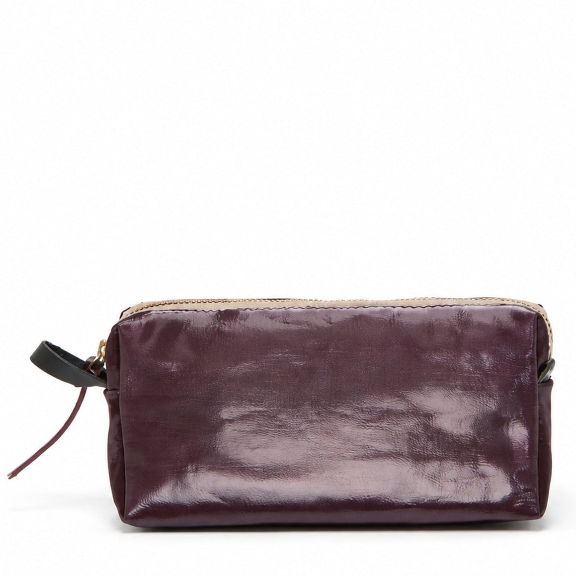 A small rectangular zip pouch in a glossy, deep plum purple leather, featuring a gold-tone zipper and a black leather pull tab with a red tassel, set against a plain white background.