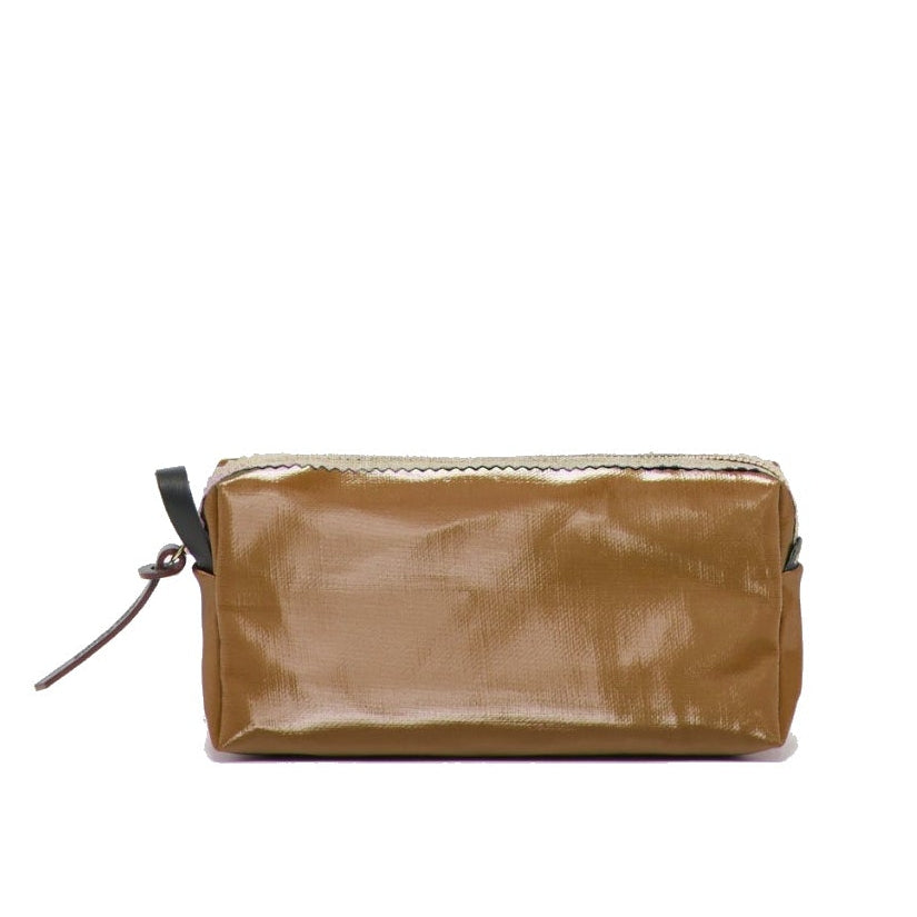 Brown patterned handbag with gold accents on a white background