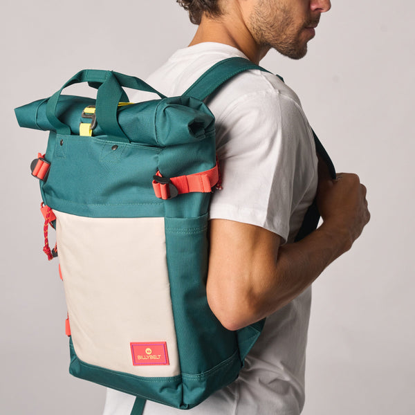 Roll Top Backpack Green and Ivory