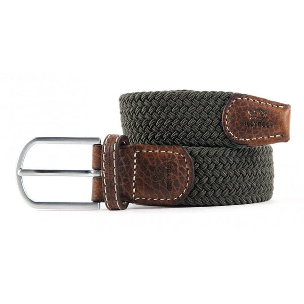 Khaki woven belt with brown leather finish