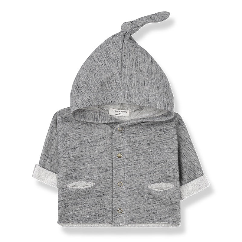 Grey hooded top for baby, dome button up at front, organic cotton