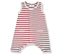 Red and white striped baby romper short sleved, button up