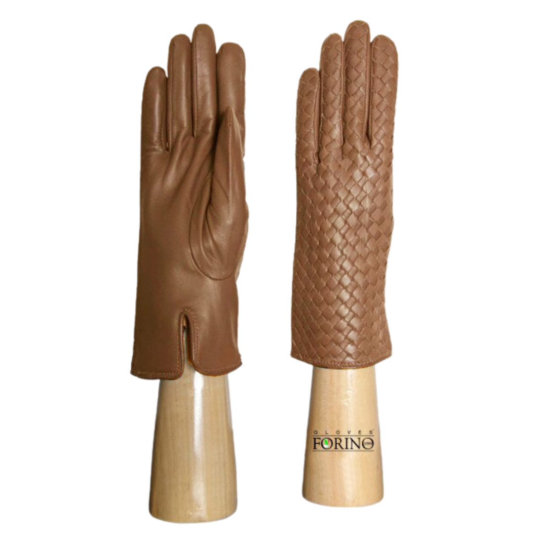 Cashmere Lined Leather Plaited Gloves - Camel