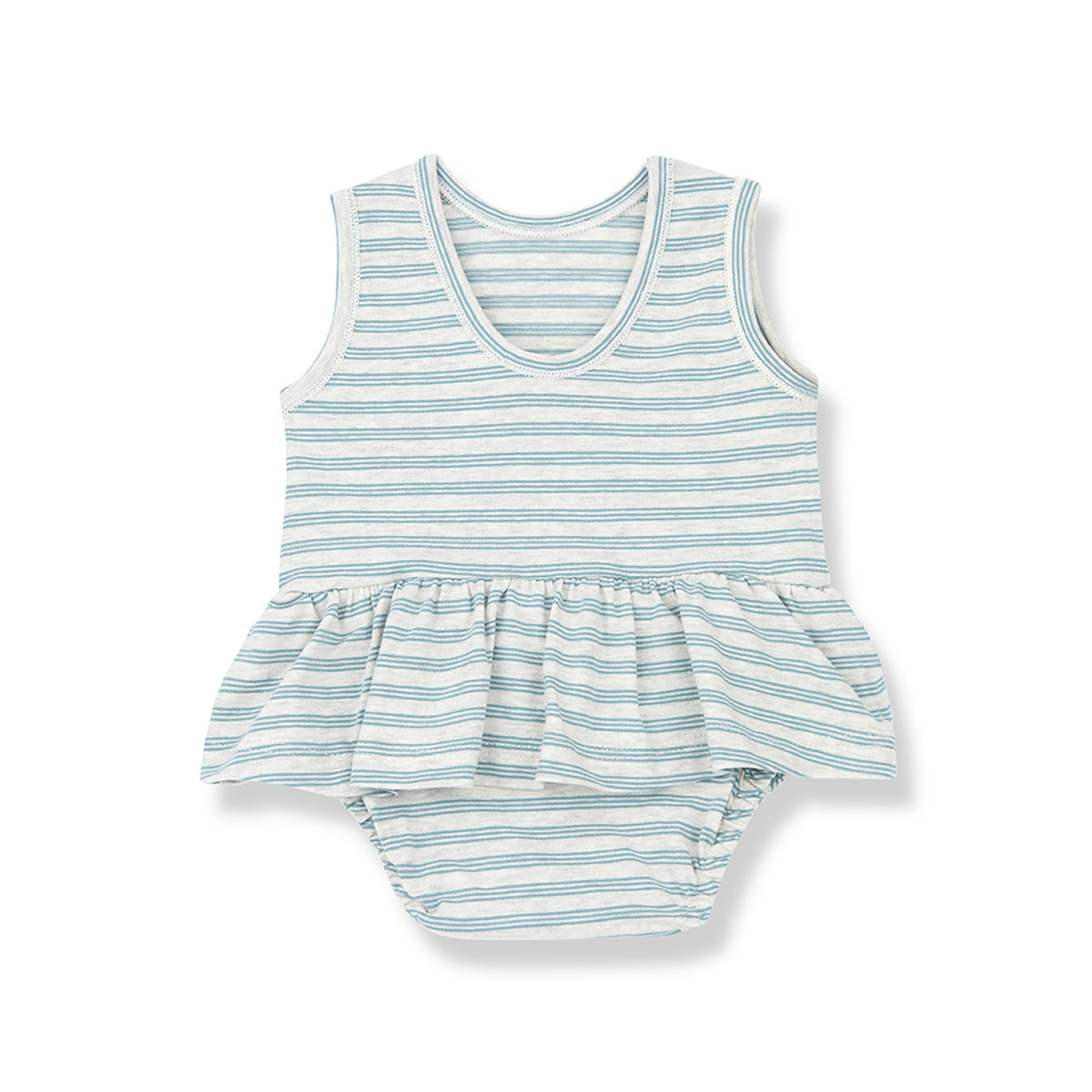 Mint green and white stripe baby dress front view