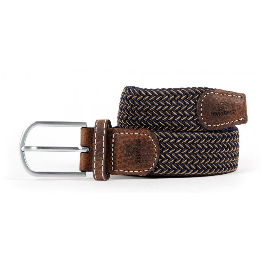 Elastic braided belt in dark brown and light brown, with brown leather finish