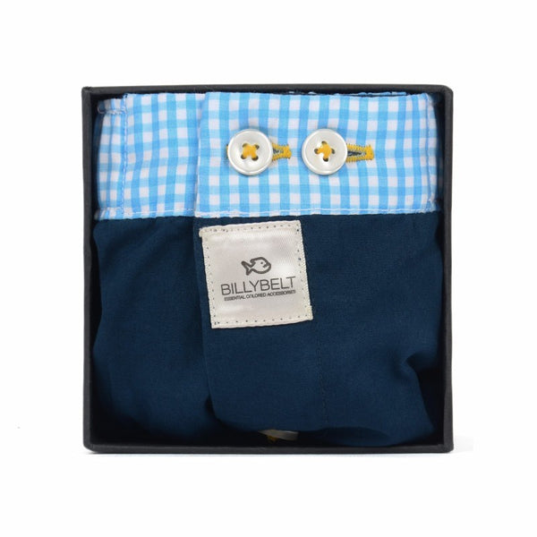 cotton boxer shorts in navy blue with light white and blue check around elastic top