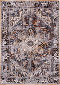 full view of faded rug in pale tones and white with brown detail