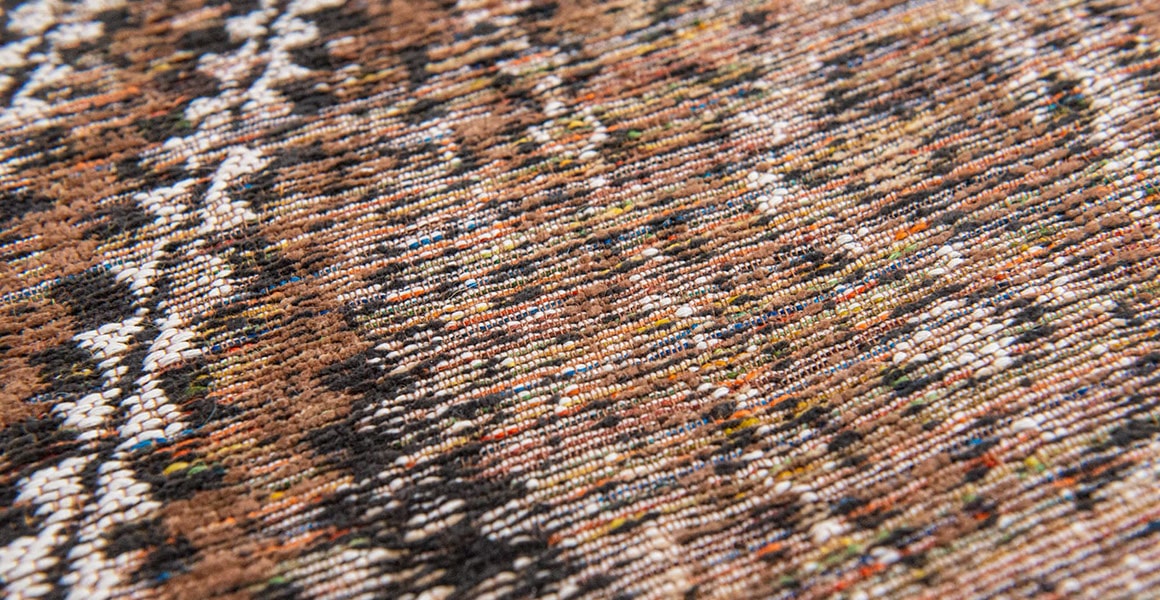 Closeup of woven detail on Earth tones moroccan nomad pattern rug. 