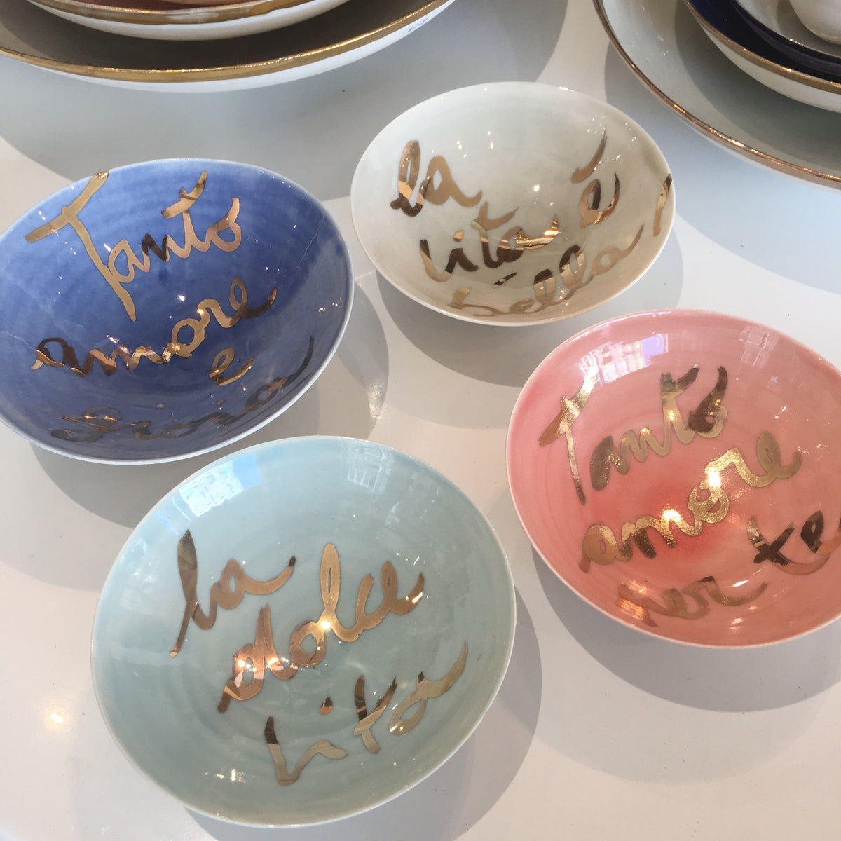 Coloured Bowls with Gold Writing