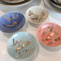 Coloured Bowls with Gold Writing