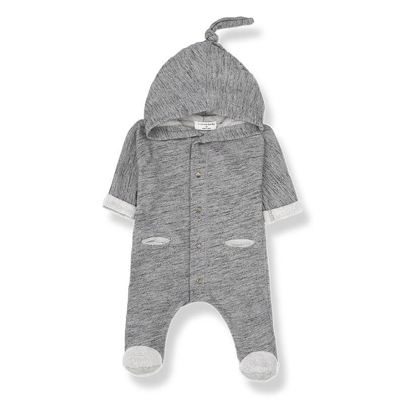 Organic cotton grey hoded jumpsuit for baby