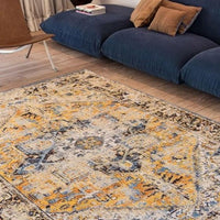 faded rug in blue and earth tones in livingroom