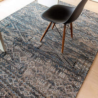 Rug with Morrocan nomad pattern in grey and blue muted tones.
