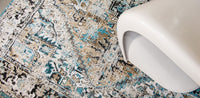 closeup of blue and beige detail on pale faded rug