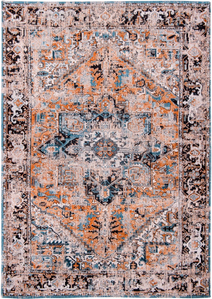 Full view of rug with central medallion, rosette shaped with a stair patterned parameter.