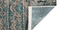 Underside view of rug with Morrocan nomad pattern in blue tones.