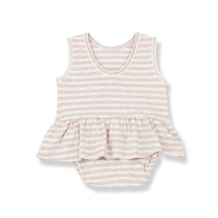 Red and white stripe baby dress front view 