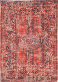 Full view of rich red tone distressed rug with antique pattern detail