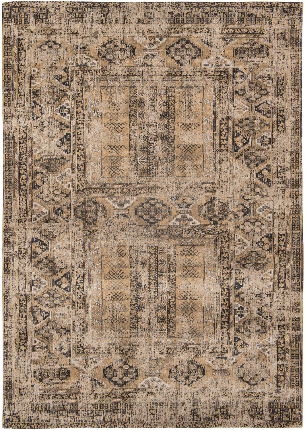 Full view of detail on warm beige distressed rug