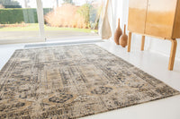warm beige distressed rug in livingroom on white floor