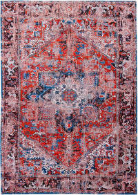 full view of faded rug in red tones 