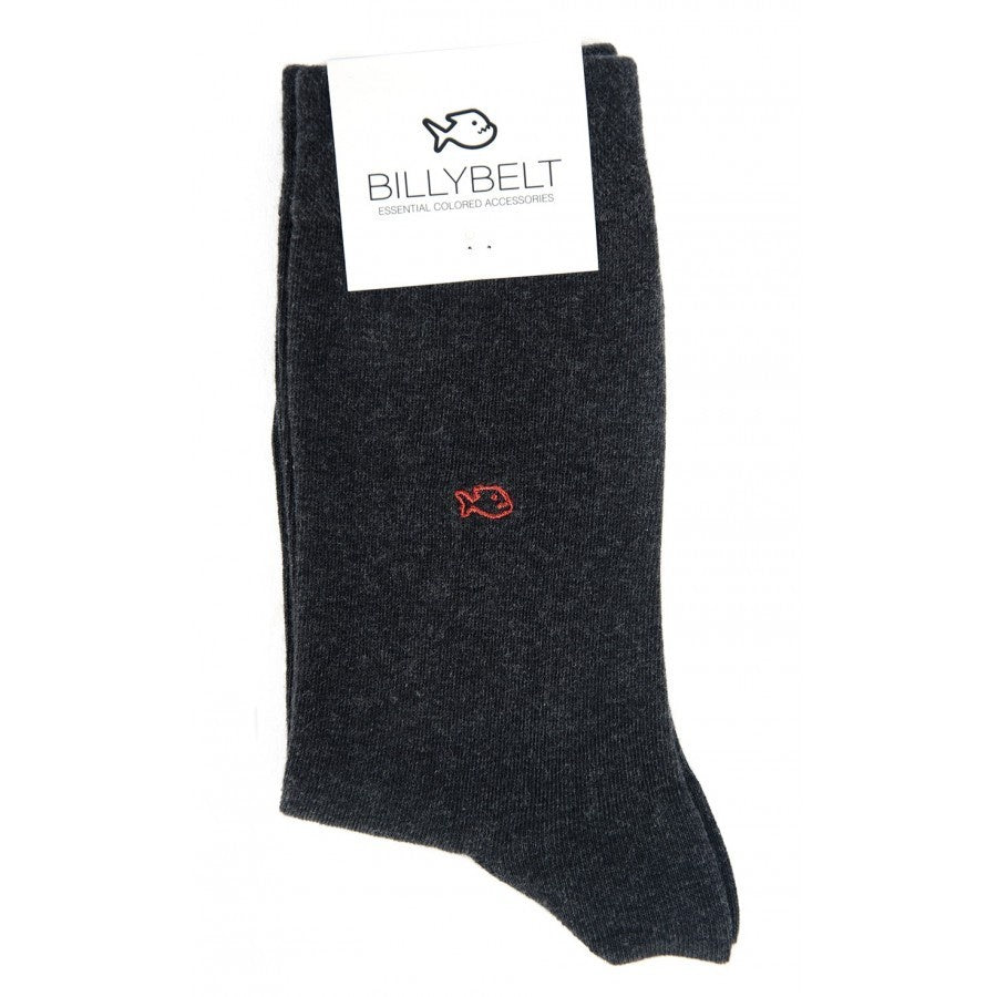 Dark grey comfortable cotton socks for men with small orange fish detail on side, in Billybelt packaging.