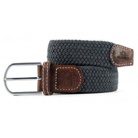 Elastic braided belt in dark grey, with brown leather finish