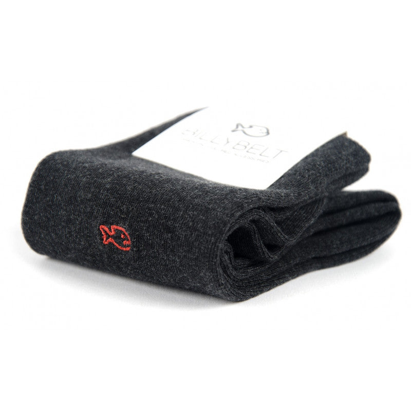 Dark grey comfortable cotton socks for men with small orange fish detail on side. 