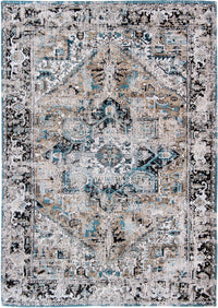 full view of pale faded carpet with blue detail 