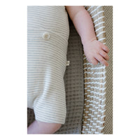 White organic cotton jumpsuit short sleved  up close of fabric, faint grey stripes