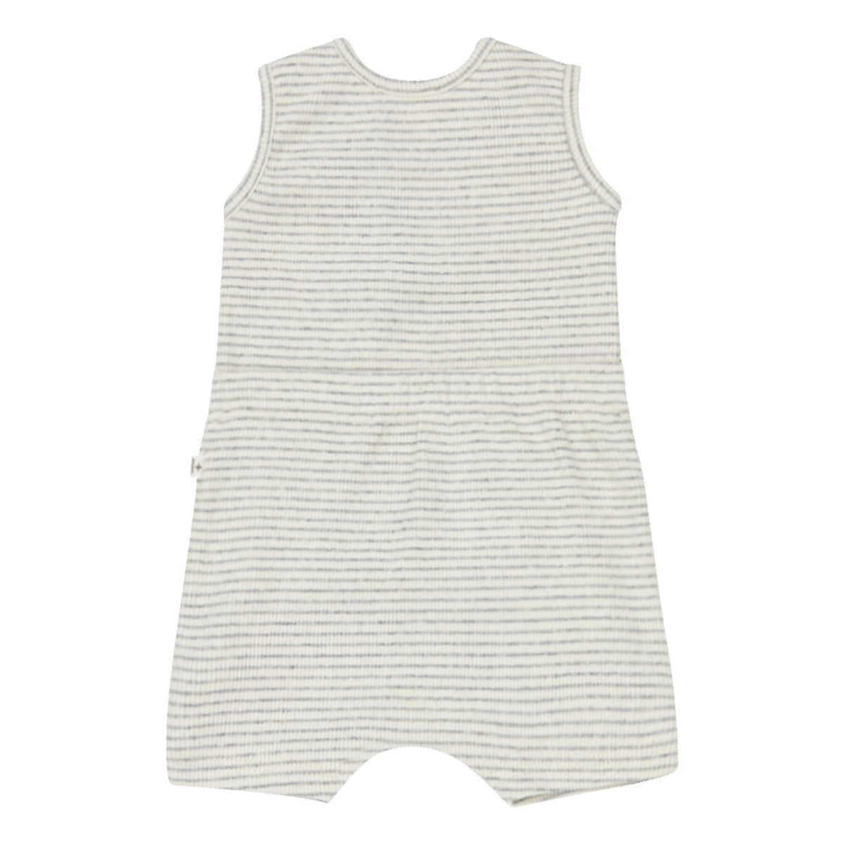 White and light grey striped organic cotton jumpsuit short sleved back view