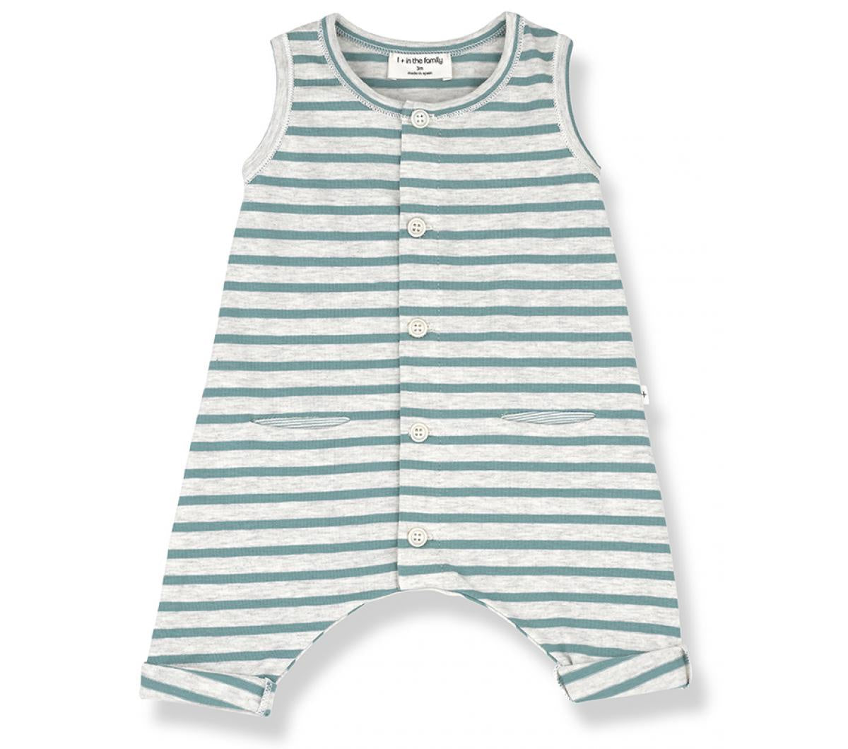 Mint green and white romper, short sleved for baby in organic cotton - full sized view 