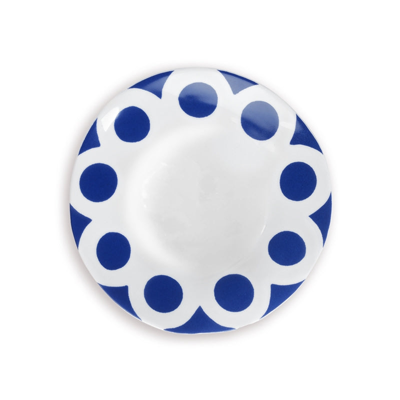 Blue and white kashgar plate, on white background. Blue spots on plate. 