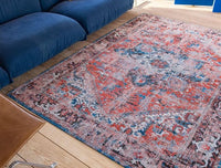 faded rug in red tones in livingroom close up