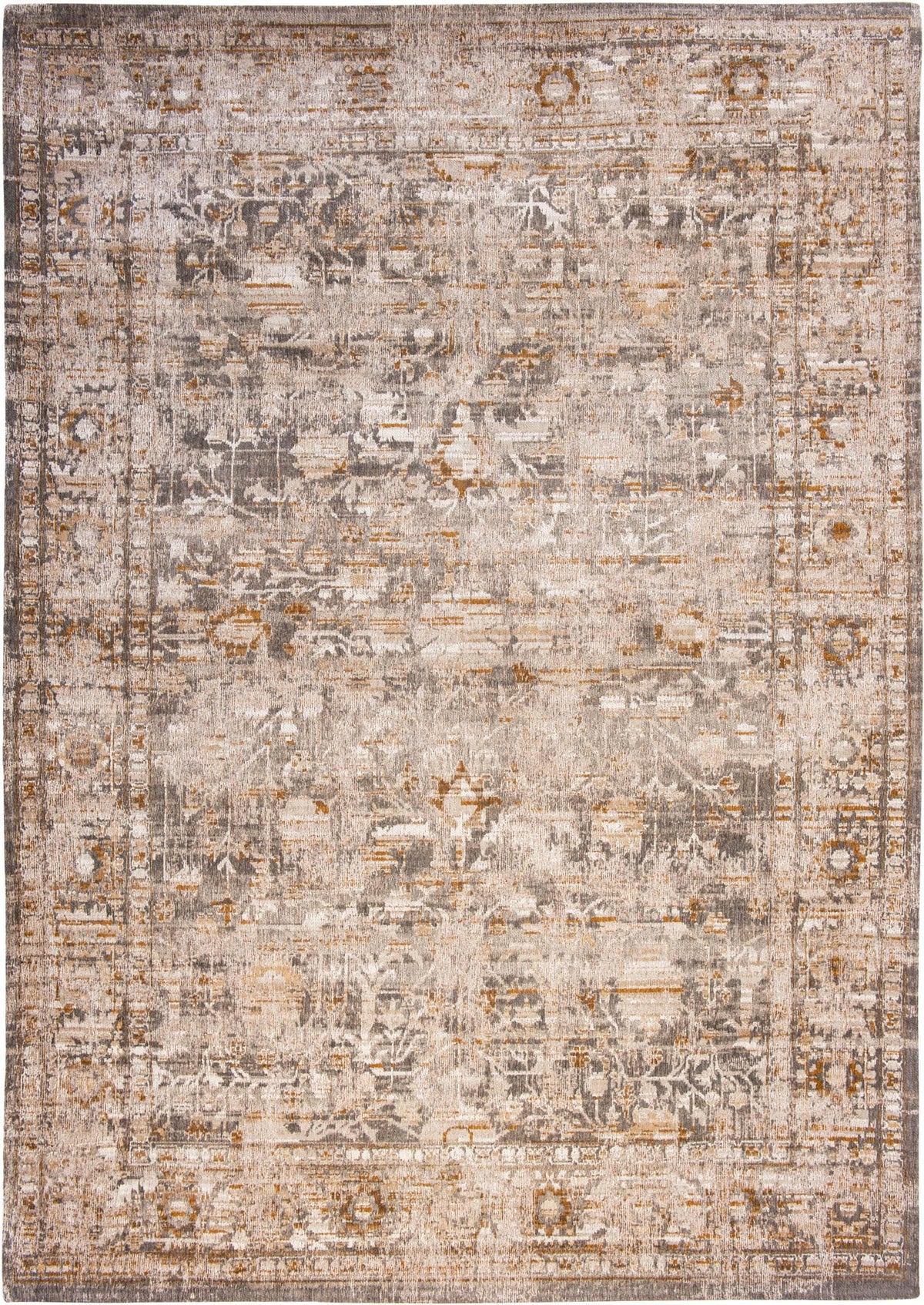 Full view of patterns on beige distressed rug with central medallion, rosette shaped with a stair patterned parameter