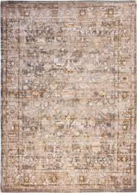 Full view of patterns on beige distressed rug with central medallion, rosette shaped with a stair patterned parameter