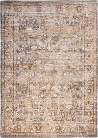 Full view of beige distressed rug with central medallion, rosette shaped with a stair patterned parameter